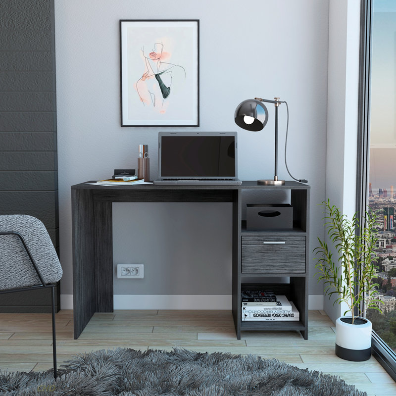 Bureau d'ordinateur, un tiroir, deux tablettes, Gris anthracite