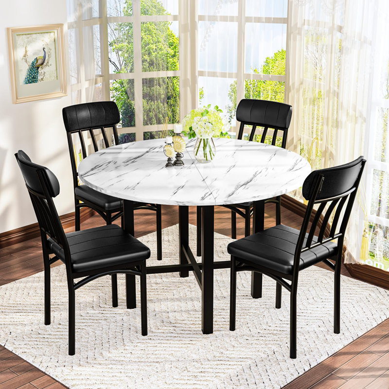 Round Faux Marble Dining Table Set for 4 - Space-Saving Design, 350 lbs Chairs & Easy Assembly (Modern Kitchen & Small Spaces)