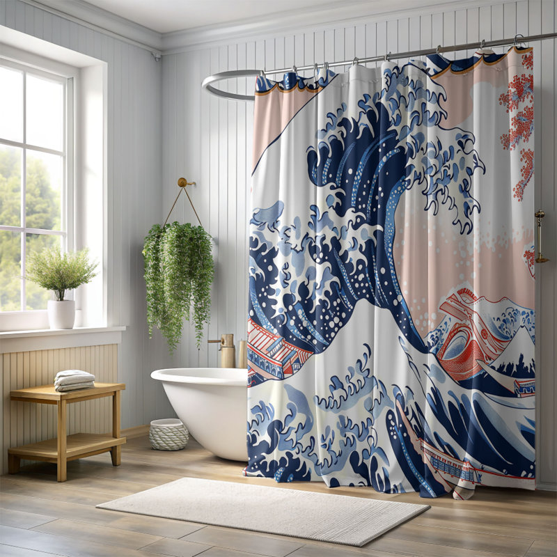 Rideau de douche 1 pièce Kanagawa Crest Design, H 74 po x l 71 po