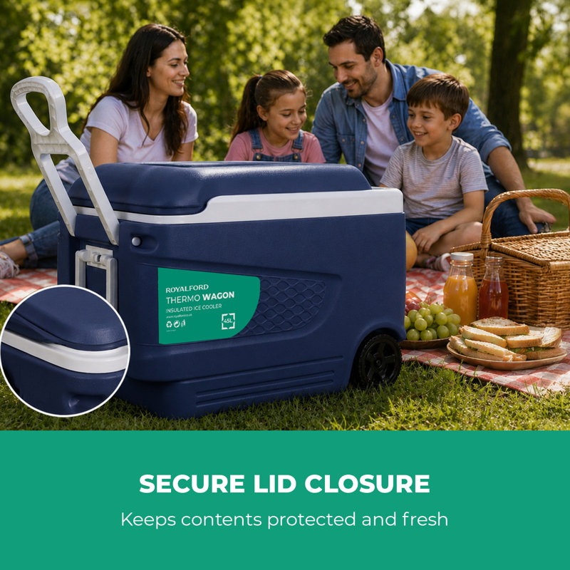 Royalford Ice Cooler Box 45L Camping Picnic Insulated Food Container-Ice Box Lock Lid with Carry Handle, Trolley and Wheels Leakproof Design Travel Insulated Hot Box/Cold Freezer Box