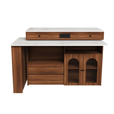 Kitchen Island with Extendable and Rotating Table, Walnut Veneer, and Storage