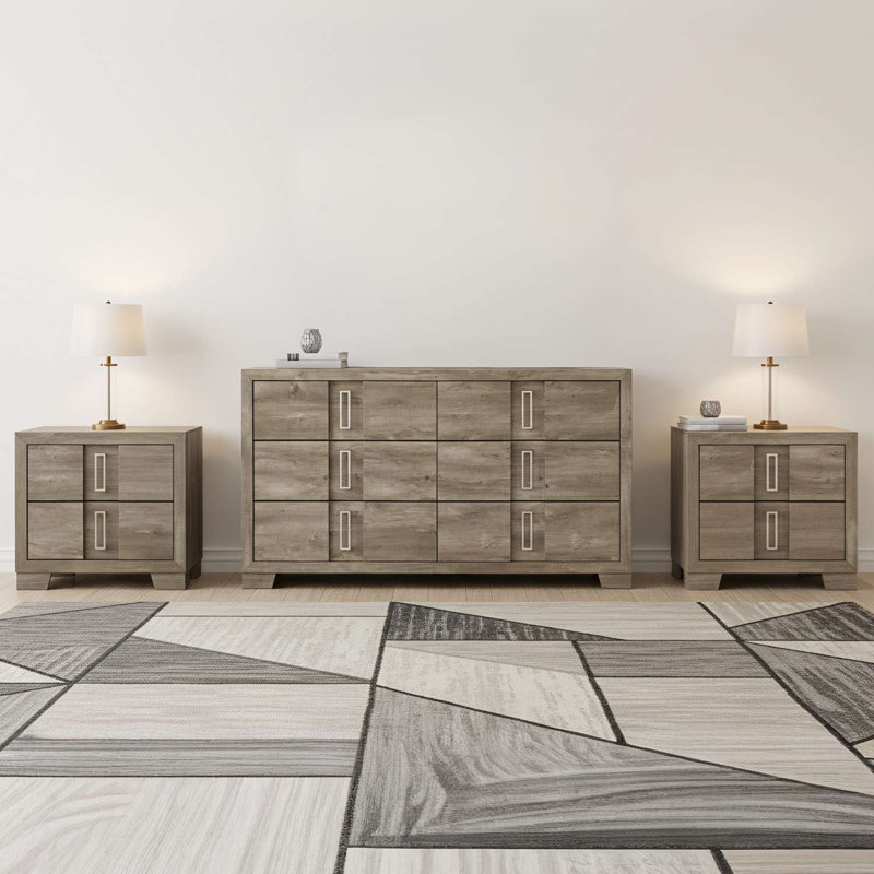 Ensemble de chambre à coucher 3 pièces avec commode et 2 tables de chevet en brun clair, style contemporain avec poignées en métal épurées et design épuré