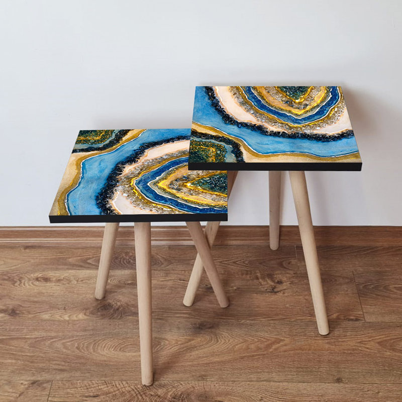 Ensemble de 2 tables gigognes élégantes en marbre, conception abstraite, 13,8 x 18,5 x 13,8 pouces et 13,8 x 16,5 x 13,8 pouces | 100% panneau de fibres à densité moyenne avec des pieds en bois de hêtre, robuste et élégant pour le salon, décoration intérieure moderne