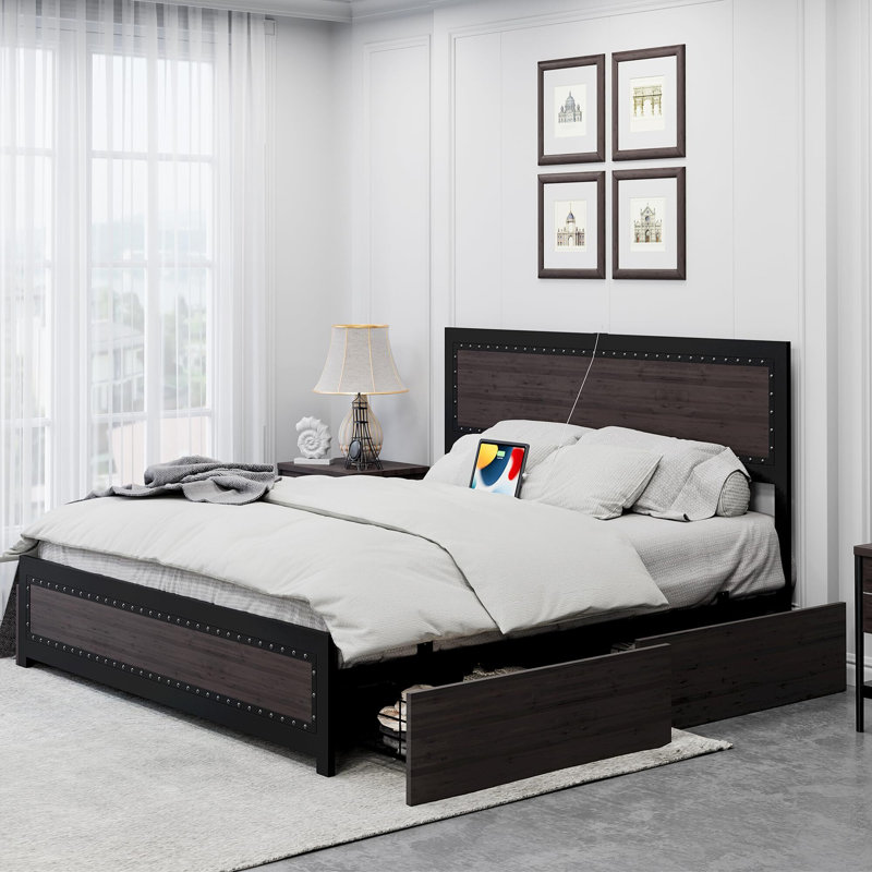 Industrial Platform Bed Frame With 4 Storage Drawers And Charge Station, Brown, Queen