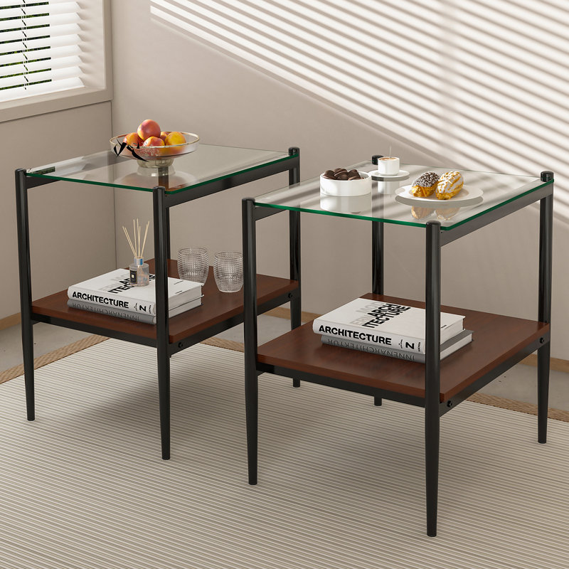 Ensemble de 3 tables basses et tables de bout, table en verre trempé avec panneau de fibres à densité moyenne, verre transparent