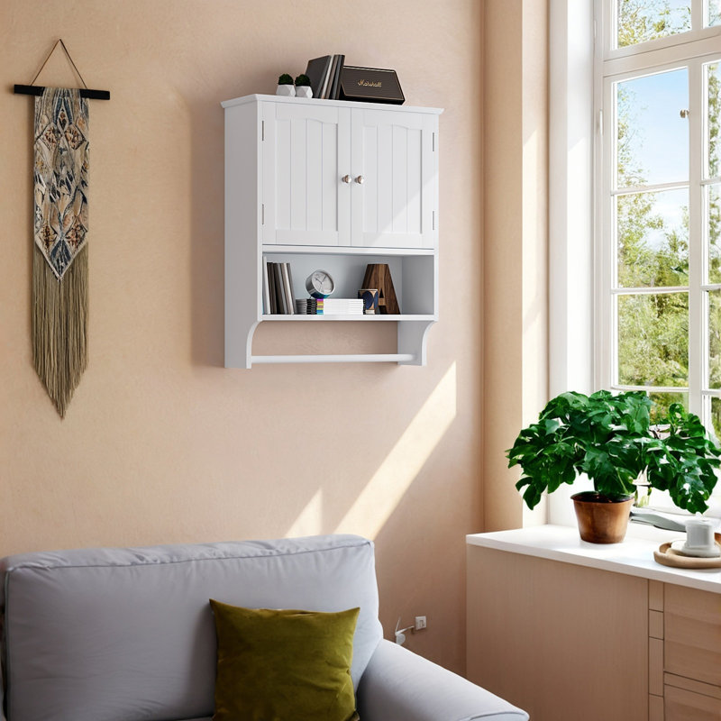 Bathroom Wall Storage Cabinet with Door and Open Shelves, Medicine Cabinet Organizer with Towel Bar, White, Large