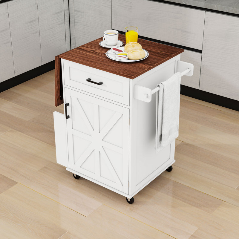Kitchen Cart with Drop Leaf, Drawer, Storage Cabinet, Adjustable Shelf, Side Rack and Towel Bar, White