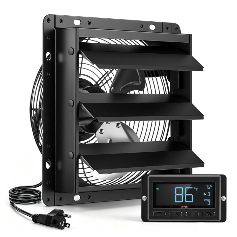 Ventilateur de 10 pouces à obturateur mural, moteur EC automatique, boîtier en acier, contrôleur de température et d'humidité, ventilation et refroidissement pour grenier, garage, grange, serre, atelier, noir