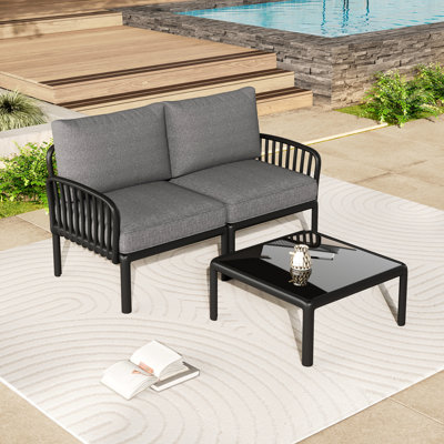 Ensemble de conversation pour patio 3 pièces, ensemble de mobilier modulaire d'extérieur moderne avec table basse carrée, coussin épais et imperméable pour porche, balcon, blanc et gris clair