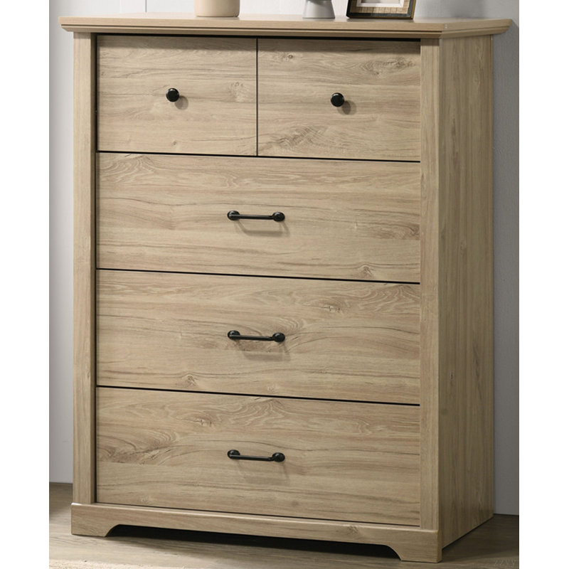Commode 4 tiroirs avec poignées noires Elettra, Chêne clair
