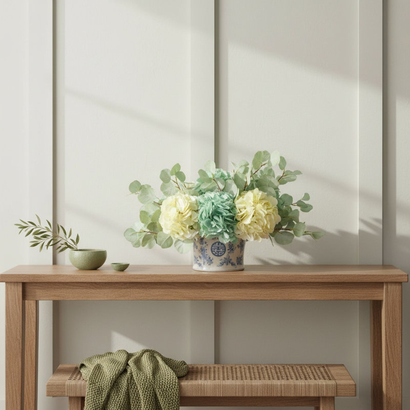 Hydrangeas and Eucalyptus in Decorative Vase