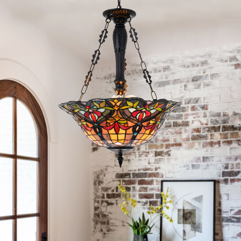 Luminaire suspendu semi-encastré à 3 lumières en verre coloré Tiffany