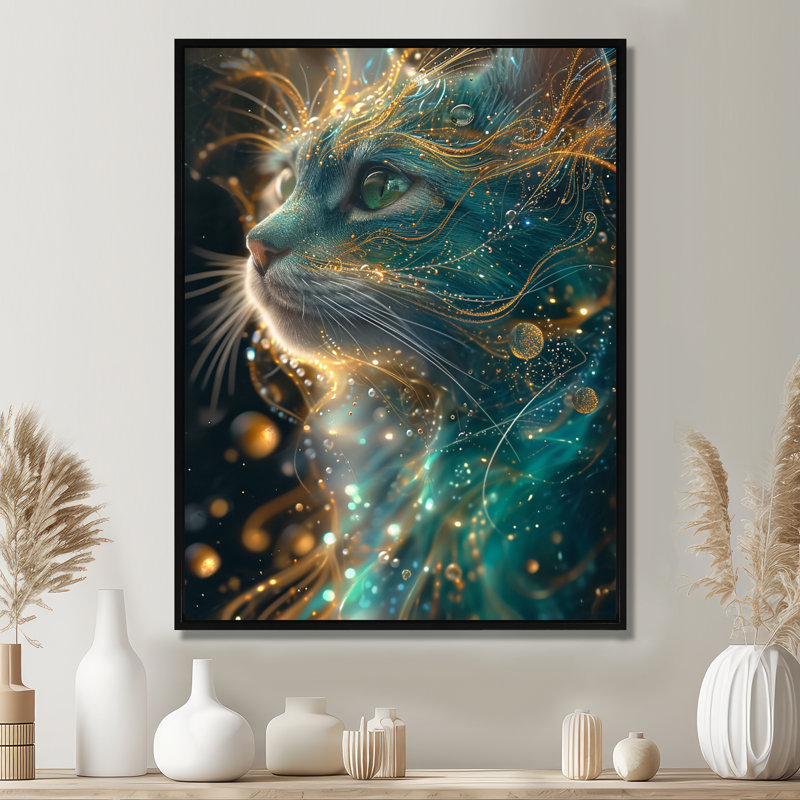 Astral Purr Turquoise Galactic Cat - Art mural chat, Toile avec cadre noir, H 32 po x l 24 po x P 1 po