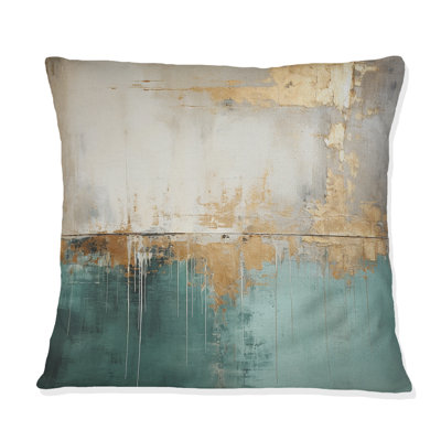 Minimalisme, horizon doré et sarcelle - Coussin décoratif avec peinture abstraite