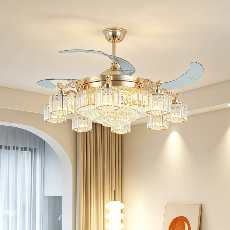 Lustre de ventilateur invisible de 42 pouces doré avec bras lumineux, double éclairage, ventilateur silencieux à fréquence variable