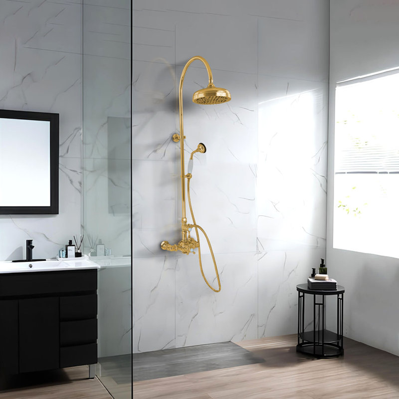 Exposed Thermostatic Shower System 36" Wall Mounted with 1.75GPM Handshower and Lever/Cross Handles, Unlacquered Satin Brass