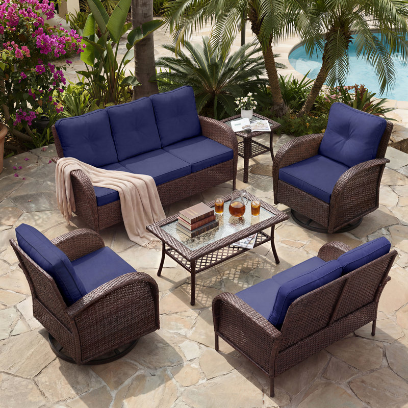 Ensemble de mobilier d'extérieur pour 7 personnes et chaises modulaires pivotantes en osier, Marine