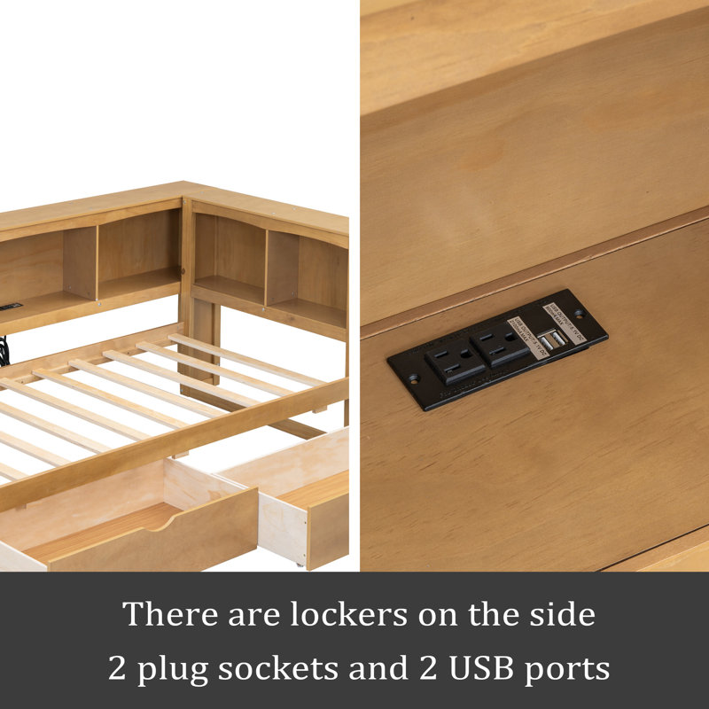 Lit de jour simple avec deux tiroirs de rangement, armoires de rangement et ports USB, Bois