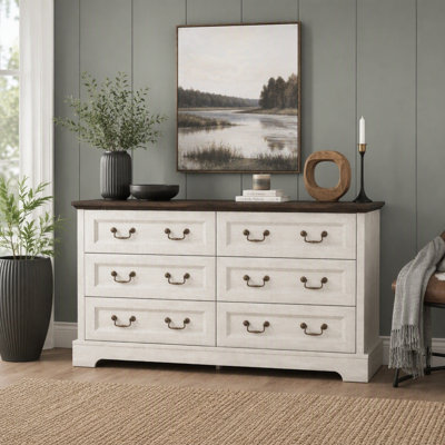 Farmhouse 6-Drawer Dresser, Rustic Wooden Chest with Metal Handles, Wide Storage for Bedroom and Living Room