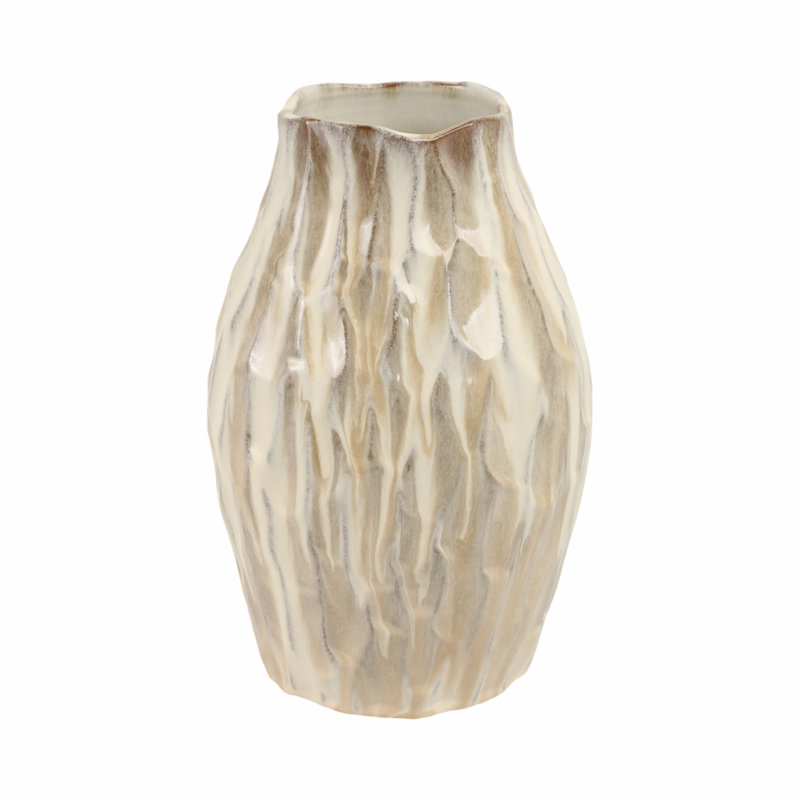 Terracotta Vase with Textured Carved Design Decorative Modern Accent Piece, 12" H x 7" W x 7" D 