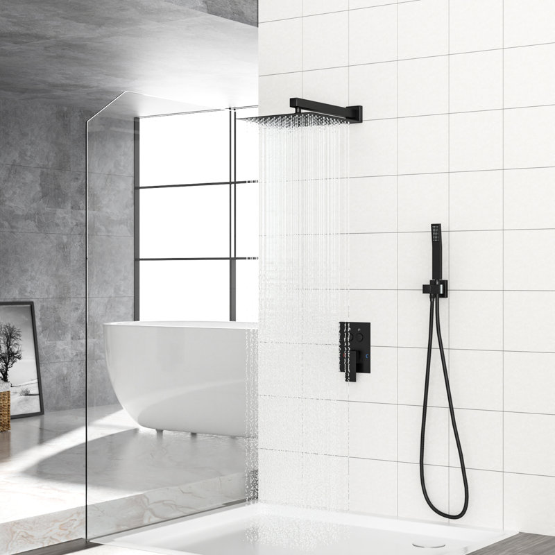 12 Inch Square Dual Shower Head Wall Mounted Matte Black System, - Scald Balanced, 360 Adjustable Thin Rainfall Shower, Handheld For Specific Needs With Balanced Valve, Head, Rotation, And