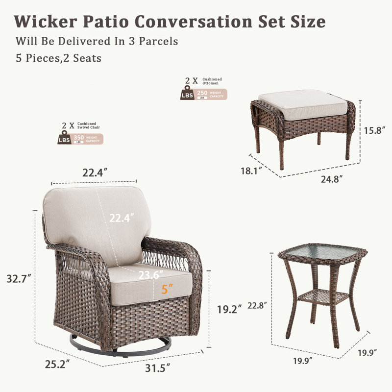5-Piece Premium Outdoor Rattan Set, 2 Swivel Glider Chairs With T-Shaped Backrests, 2 Multi-Functional Ottomans & A Reinforced Glass Side Table For Patio, Garden, Poolside & Backyard
