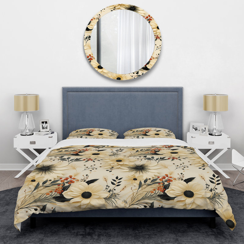 Ensemble de housse de couette noir et beige à motif de fleurs de chrysanthèmes