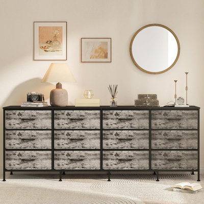Grande commode 70 pouces avec station de charge et 12 tiroirs en tissu, meuble télé très large pour téléviseurs de 65 à 80 pouces