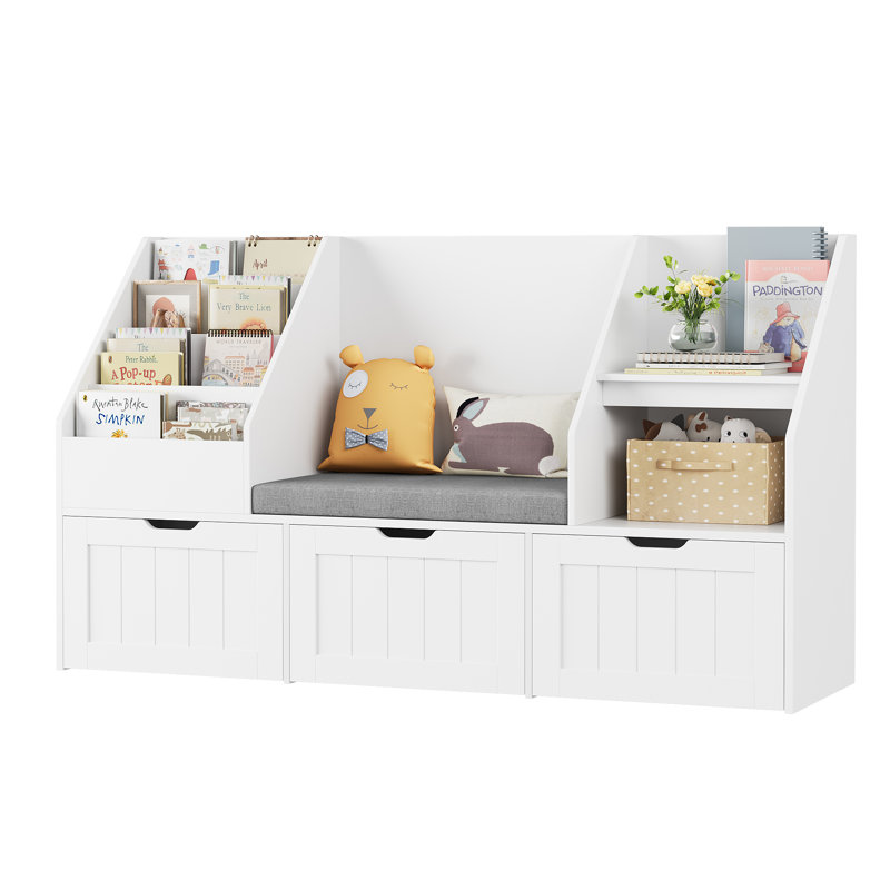 55.1" W x 31.5"H 3-IN-ONE Kids Bookcase with 3 Drawers, Soft Cushion, 4-Layer Bookshelf, Reading Nook, White