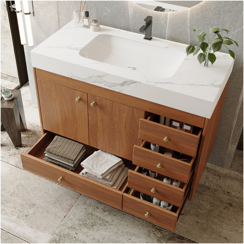 36" Freestanding Bathroom Vanity With Faux Marble Top, Ceramic Sink, 5 Drawers & Stainless Steel Legs, Walnut, White