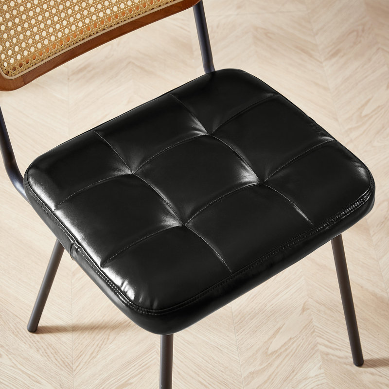 Bowens Tufted Faux Leather Upholstered Dining Side Chair with Ratten Back, Black