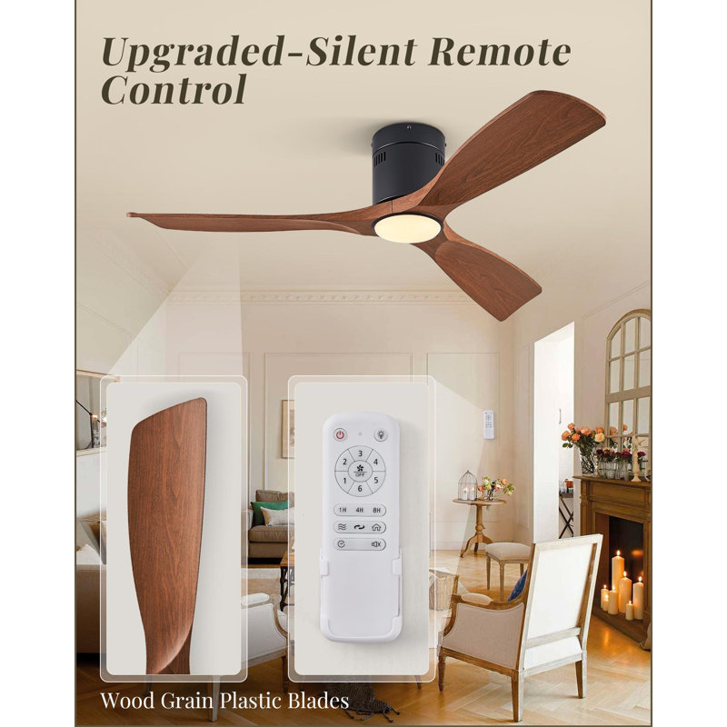 52" 3 - Blade Standard Ceiling Fan With Remote Control And LED Light, Silent Breeze For All Seasons, Walnut, Black