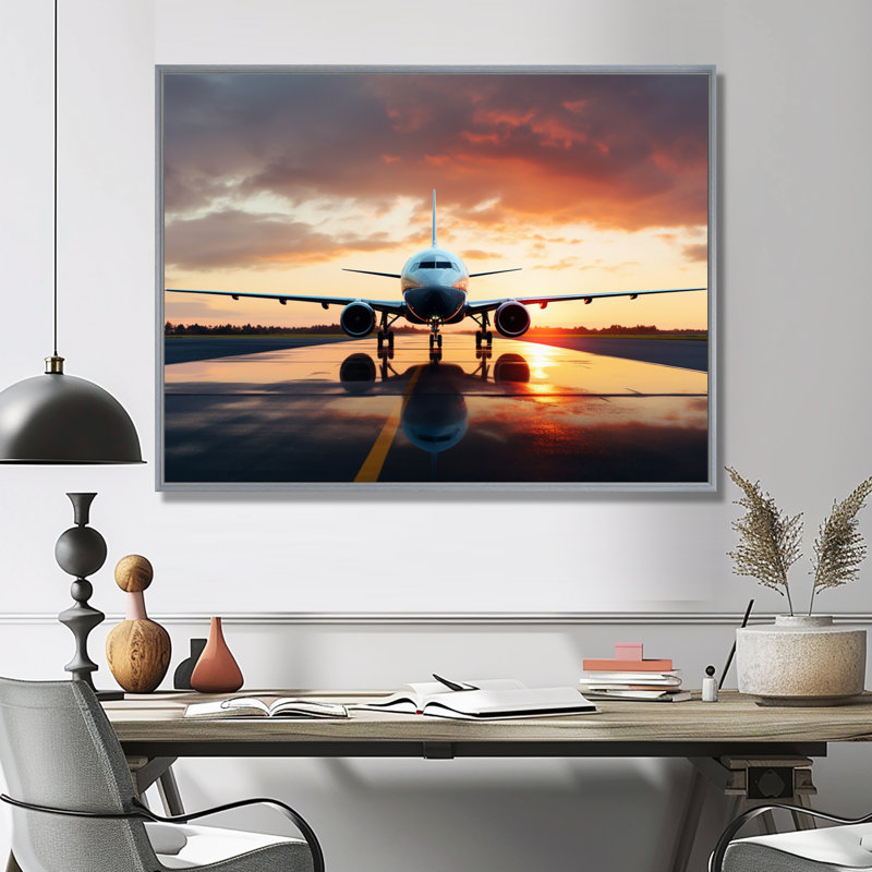 Photo prête à décoller de l'avion - impressions sur toile modernes, H 34 po x l 44 po x P 1,5 po, Encadrement argenté
