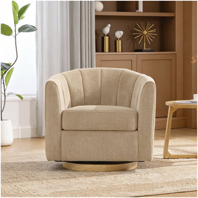 Fauteuil demi-tonneau pivotant en chenille de 31,1 po de largeur avec base en bois massif, fauteuil d'appoint rond capitonné Comfy Channel, canapé club simple pour salon, coin lecture, appartement d'angle, taupe