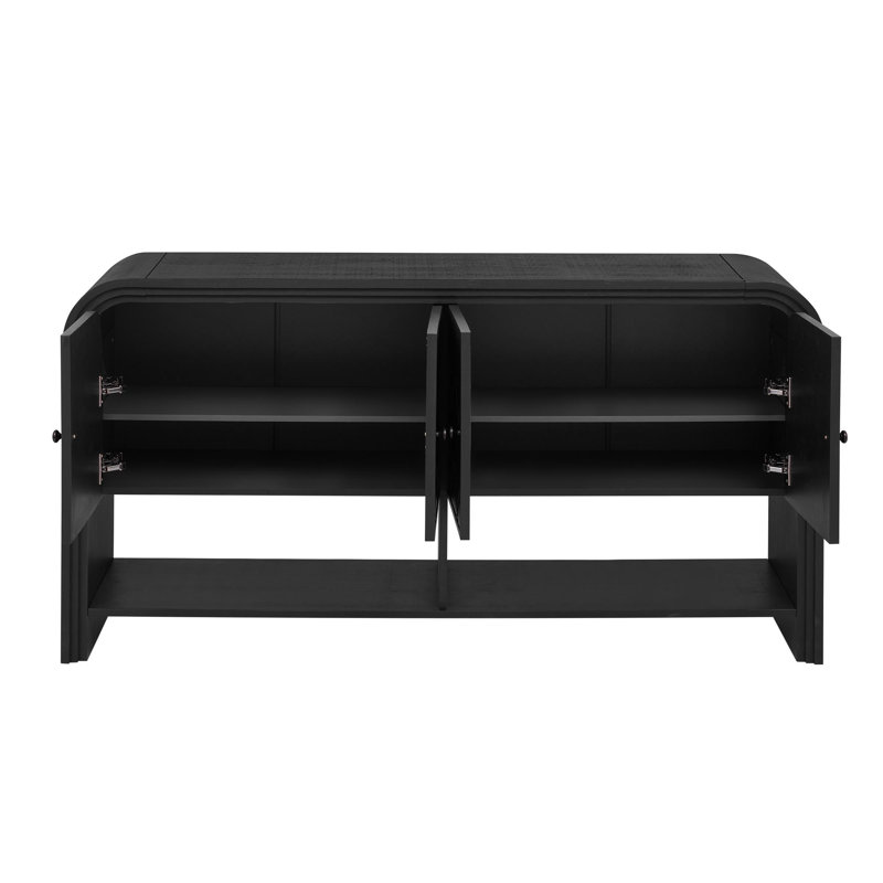 Console polyvalente avec lattes en bois tissé et placage en bois massif, Noir, noir, noir, noir