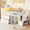 Lit mezzanine simple avec DEL et bibliothèque, lit mezzanine bas en bois avec escalier, lit mezzanine simple pour enfants avec tiroirs et tablettes de rangement, blanc