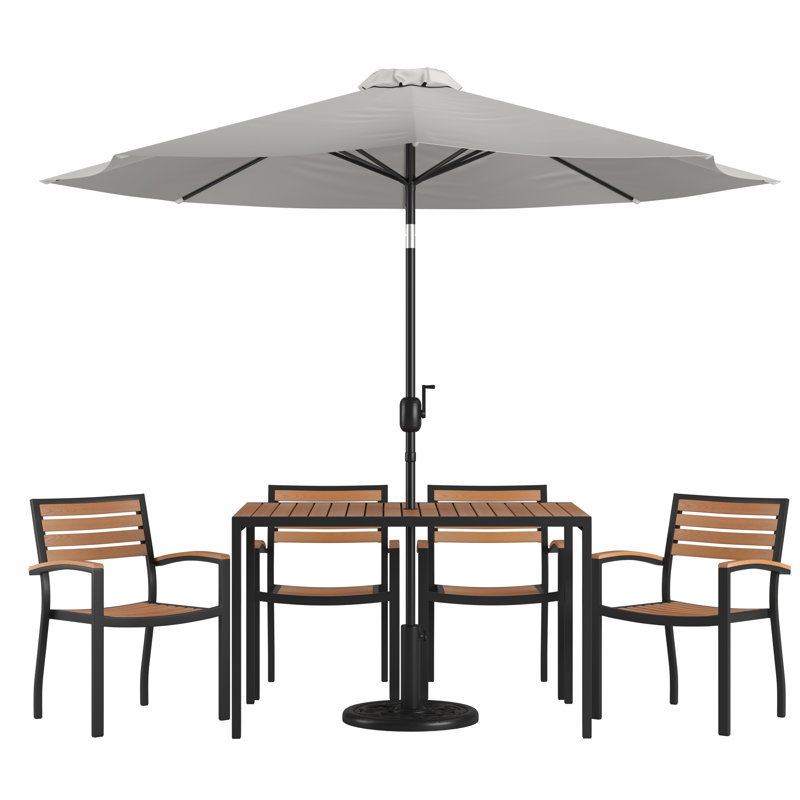 Abdikadir 30" x 48" Faux Teak Patio Table, 4 Chairs and 9FT Patio Umbrella with Base, Gray Umbrella