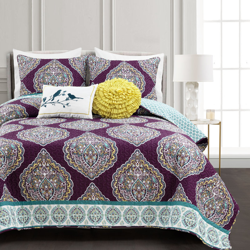 Harley Microfiber Reversible 5 Piece Quilt Set, King Quilt + 2 King Shams + 2 Throw Pillows, Purple/Turquoise