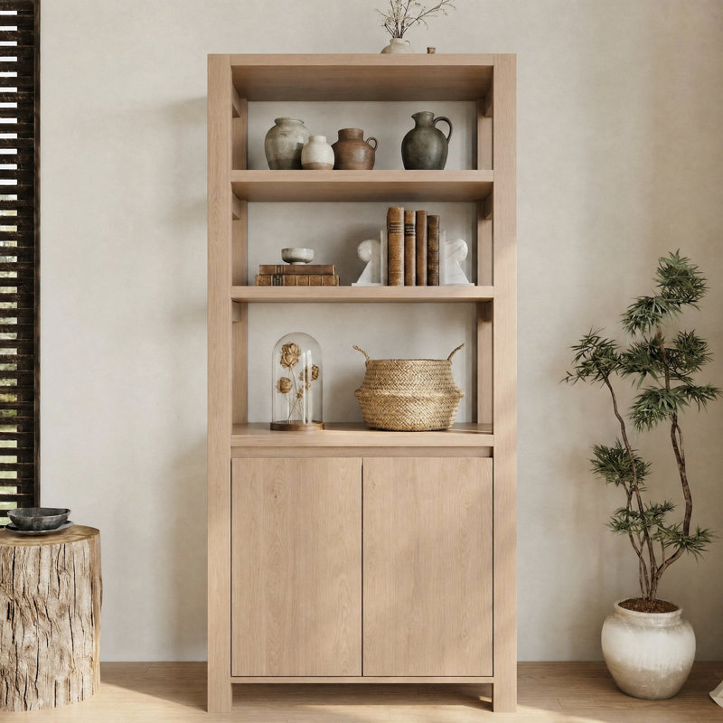 Tall Bookcase with 3 Open Shelves and 2-Door Storage Cabinet, Natural Wood Finish, Wood