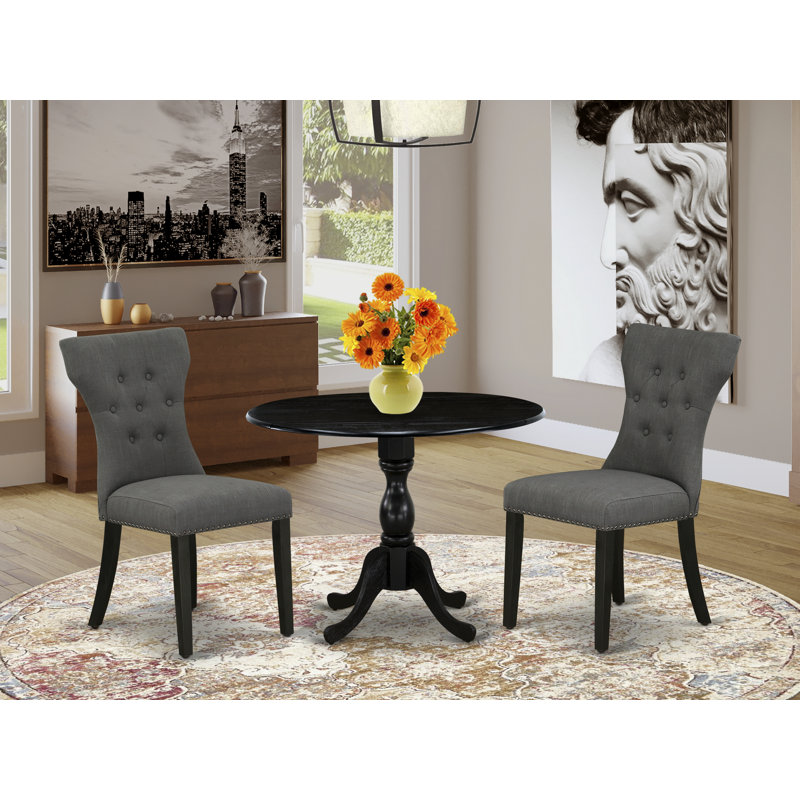 Ensemble de coin repas 3 pièces pour petits espaces comprenant une table de salle à manger ronde avec Dropleaf et 2 chaises Parson en tissu Gotham foncé, 42 x 42 po, noir brossé