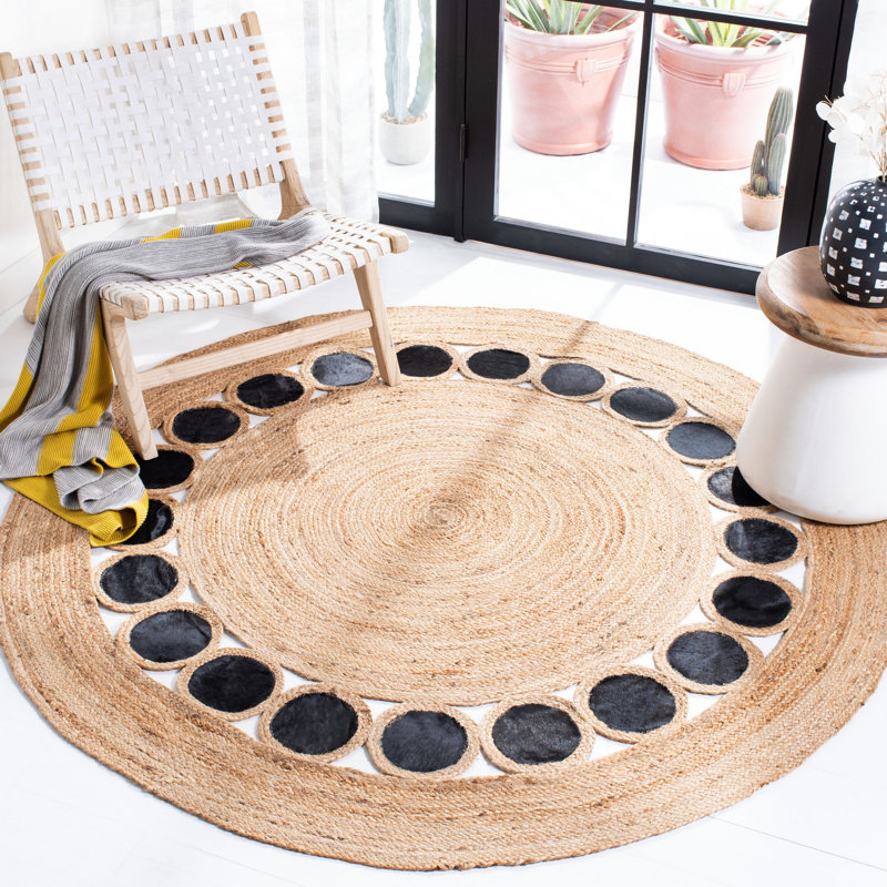 Combs Natural Fiber Hand Woven Jute/Leather Geometric Rug in Black/Beige, Round 5'