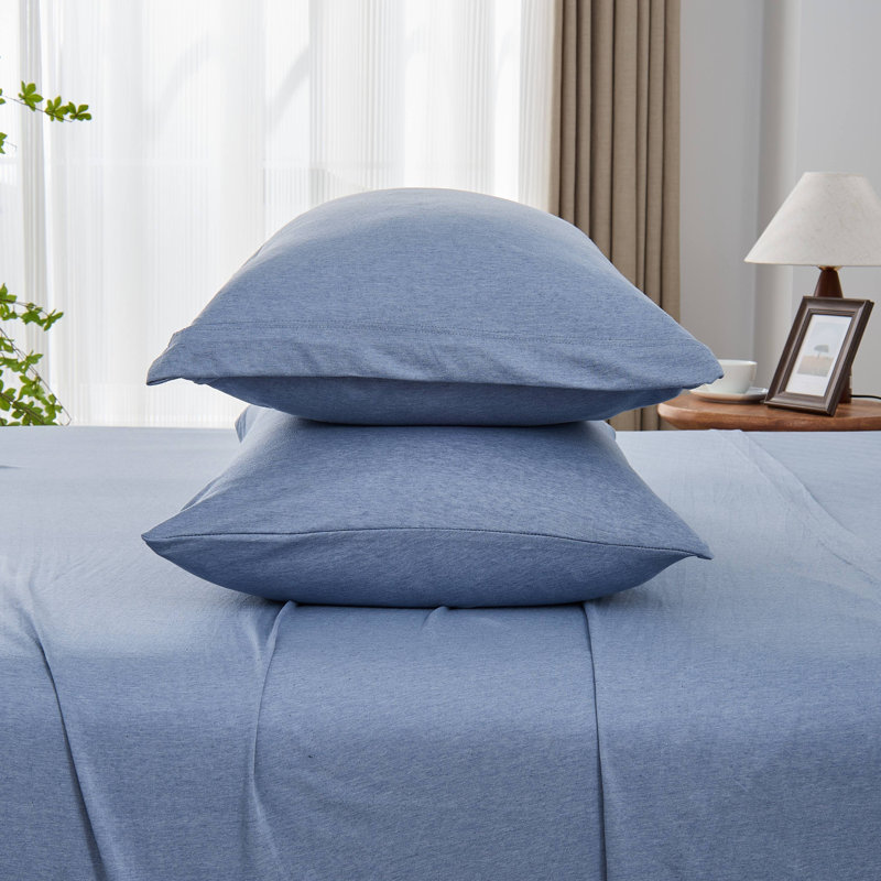 Ensemble de draps 4 pièces en jersey de coton chiné Kathy Ireland, Lit simple, Bleu clair
