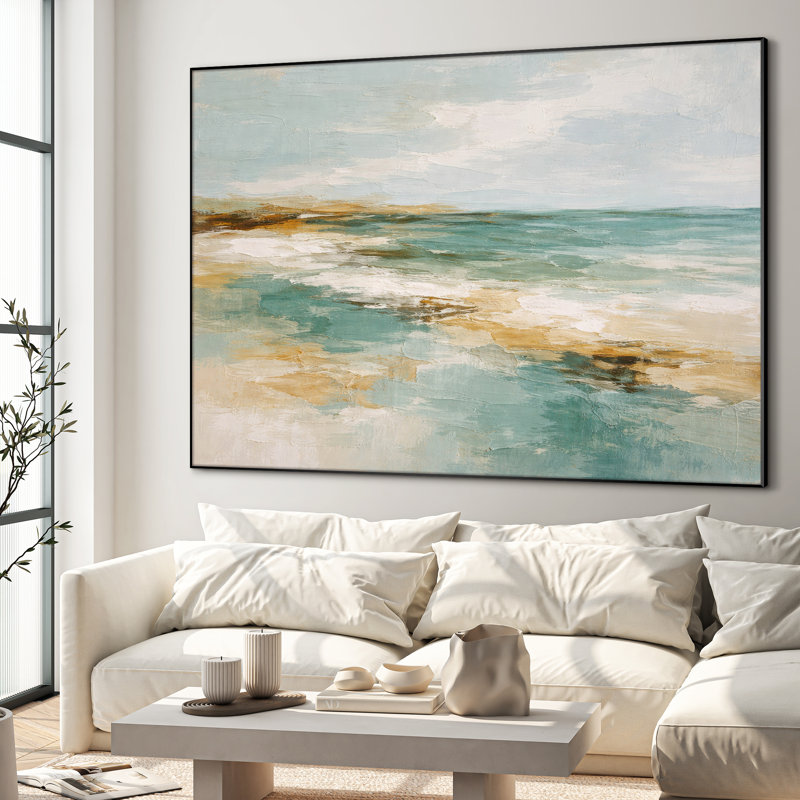 Très grande reproduction d'art sur toile - Paysage marin abstrait bleu sarcelle avec sable et ciel pour le salon - "Assemblage requis du cadre (cadre non fini)"