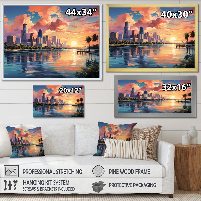 Sunshines State Miami IV, H 34 po x l 44 po x P 1,5 po, Cadre flottant doré