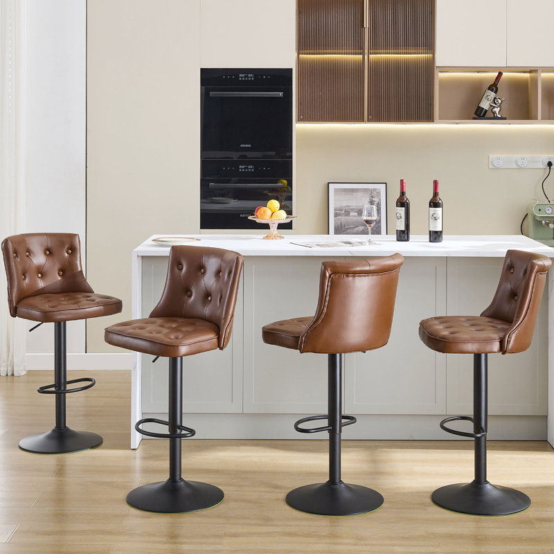 Tabouret de bar pivotant à hauteur réglable avec dossier et coussin de siège large (ensemble de 4), Brun, 4