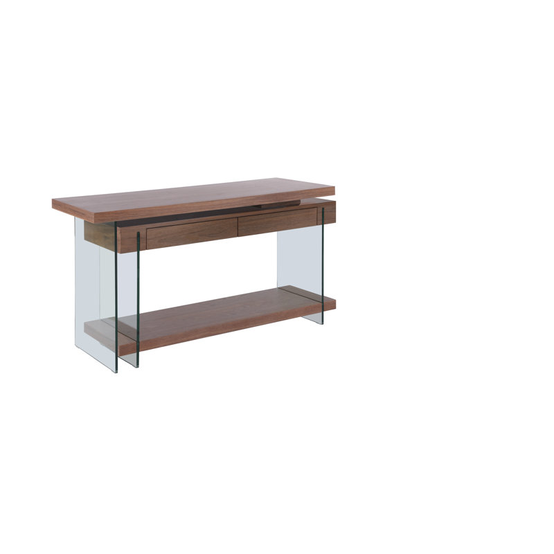 Annalis Wooden Top L-shaped Desk w/ Glass Panel Base, Walnut
