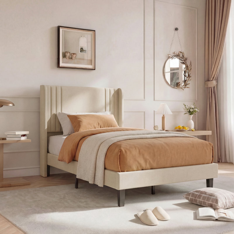 Upholstered Bed, European Single (90 x 200 cm), Beige