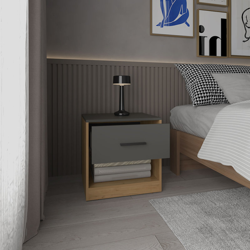 Table de chevet 19,7 po à tiroir unique avec tablette ouverte pour la chambre à coucher et le salon - Chêne naturel et gris mat
