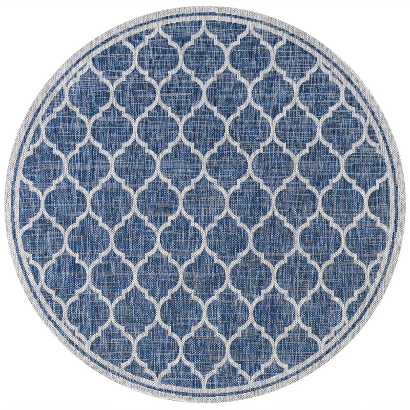 Hague Moroccan Trellis Textured Weave Navy/Gray Indoor/Outdoor Rug, Round 7'9"
