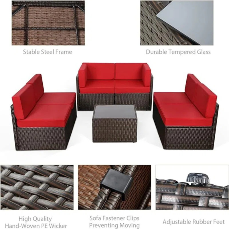 Ensemble de conversation modulaire en rotin 7 pièces avec foyer, Brun, Rouge